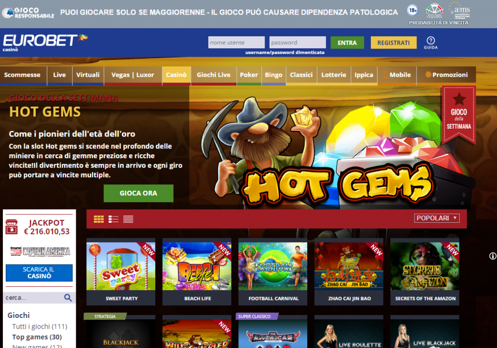 La pagina principale del sito mostra i molti altri tipi di giochi d'azzardo pure
