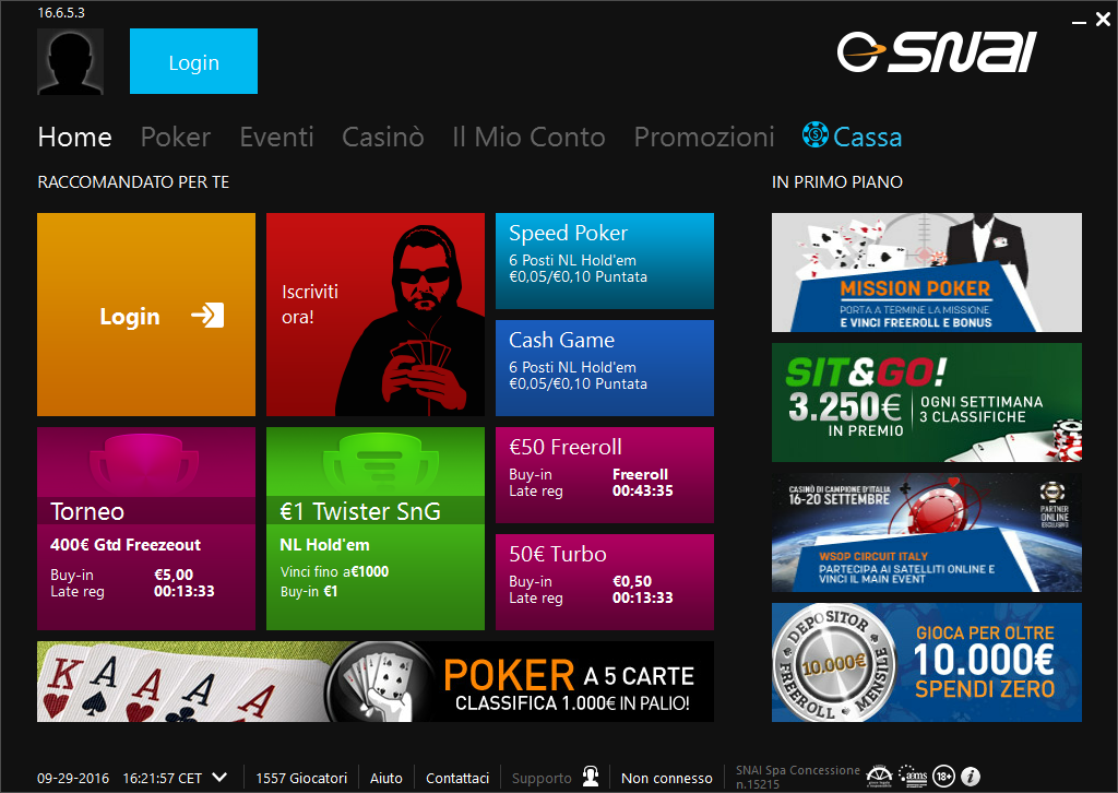 La lobby del software poker SNAI